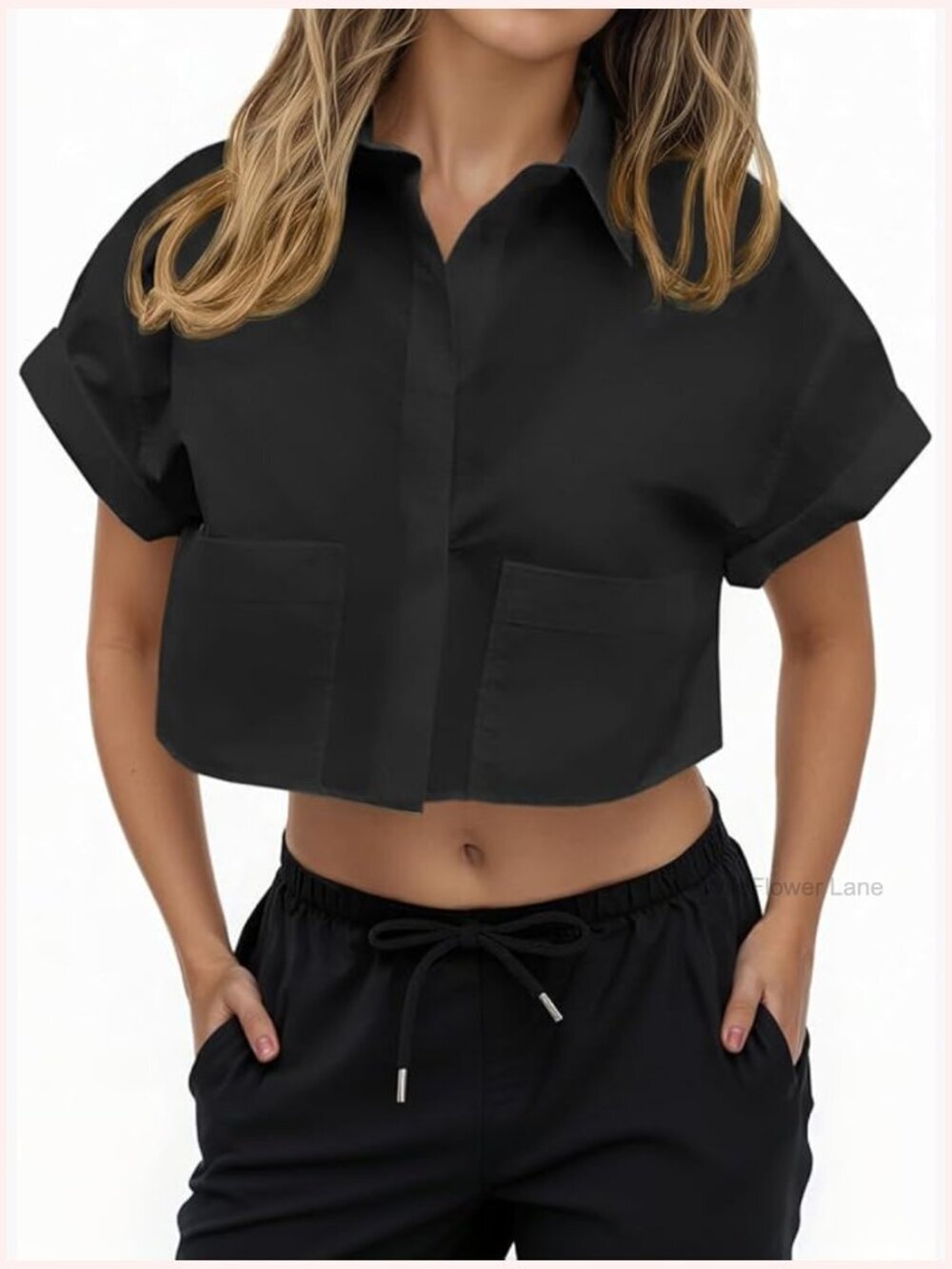 Cropped Button Down Shirt with Pockets - Cotton Blend